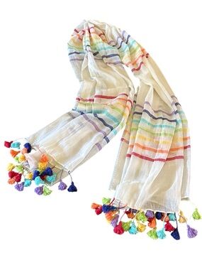 W by Worth Rainbow Striped Tassel Scarf White Cotton Viscose Long Wrap Beach
